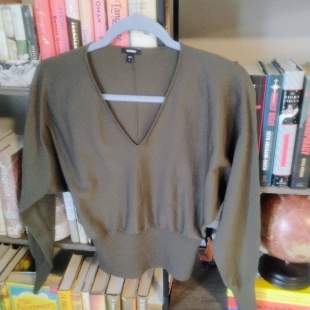 Olive Green Express Gathered Waist V Neck Sweater